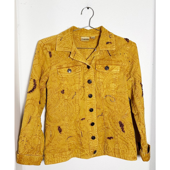 Chico's Jackets & Blazers - Chico's Women's Yellow Beaded Jacket Blazer Jean Denim sz S